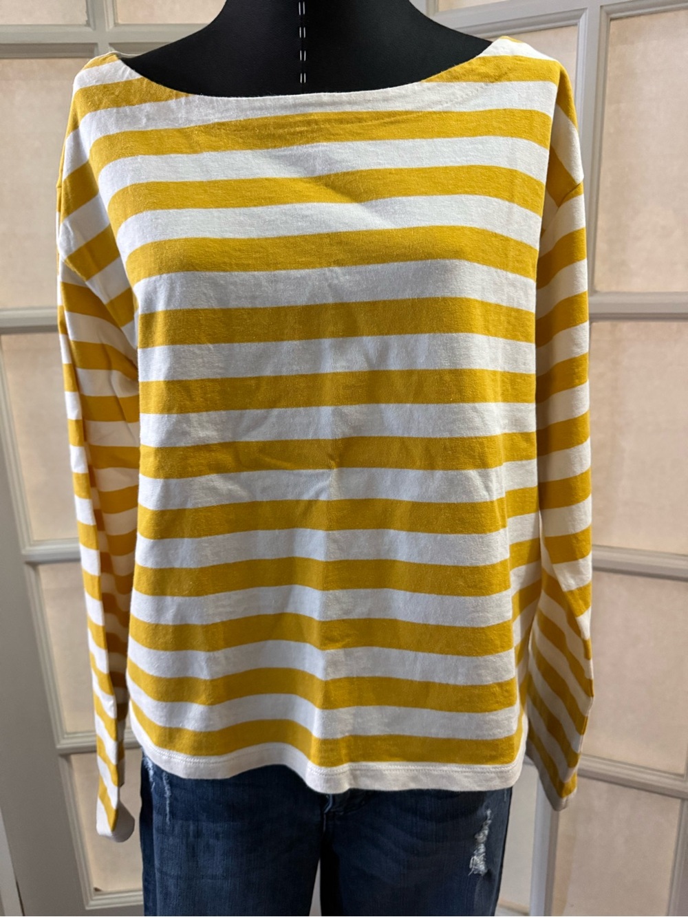 J. Crew Yellow and White Striped Boatneck Top